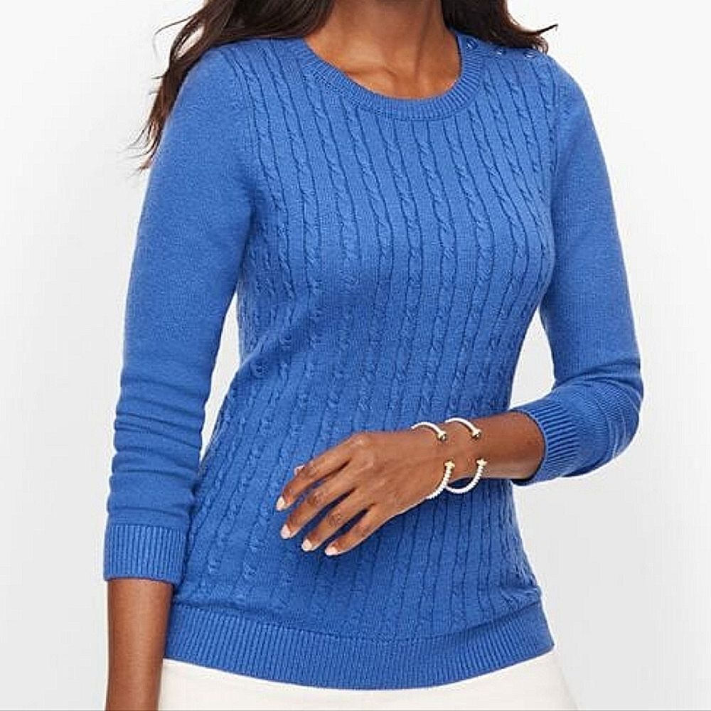 Talbots Blue Button Cuff Cable-Knit Ribbed Crew Neck Sweater